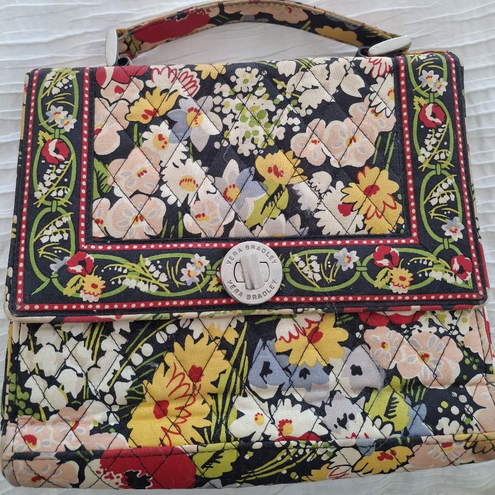 Vera Bradley Vintage Floral Purse - Black, Red, Yellow, Cream Print.